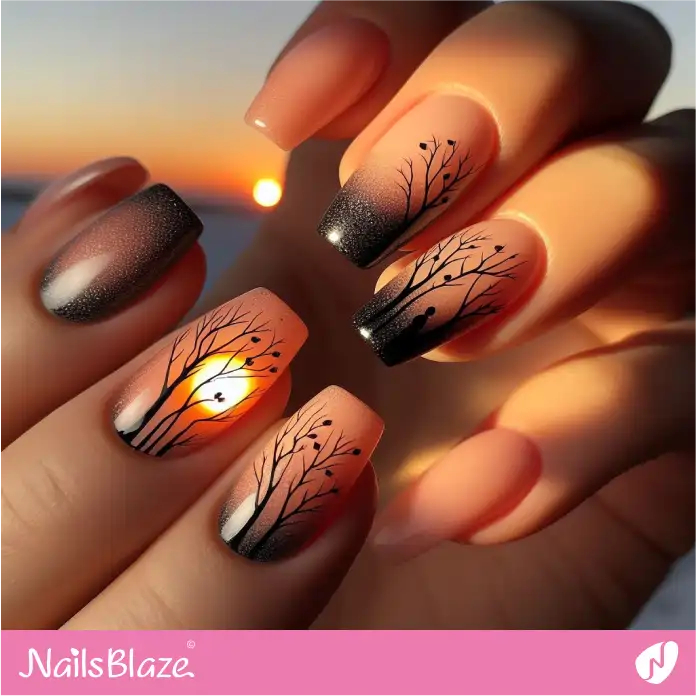 Forest Dried Trees and Sunset Nail Design | Love the Forest Nails - NB2869
